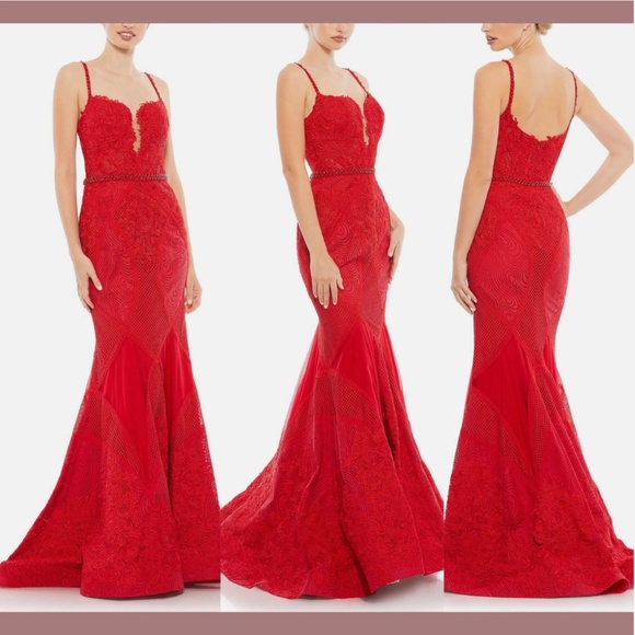 NWT $798 Mac‎ Duggal [ 8 ] Embroidered Punge V Neck Trumpet Gown in Red - Picture 1 of 16